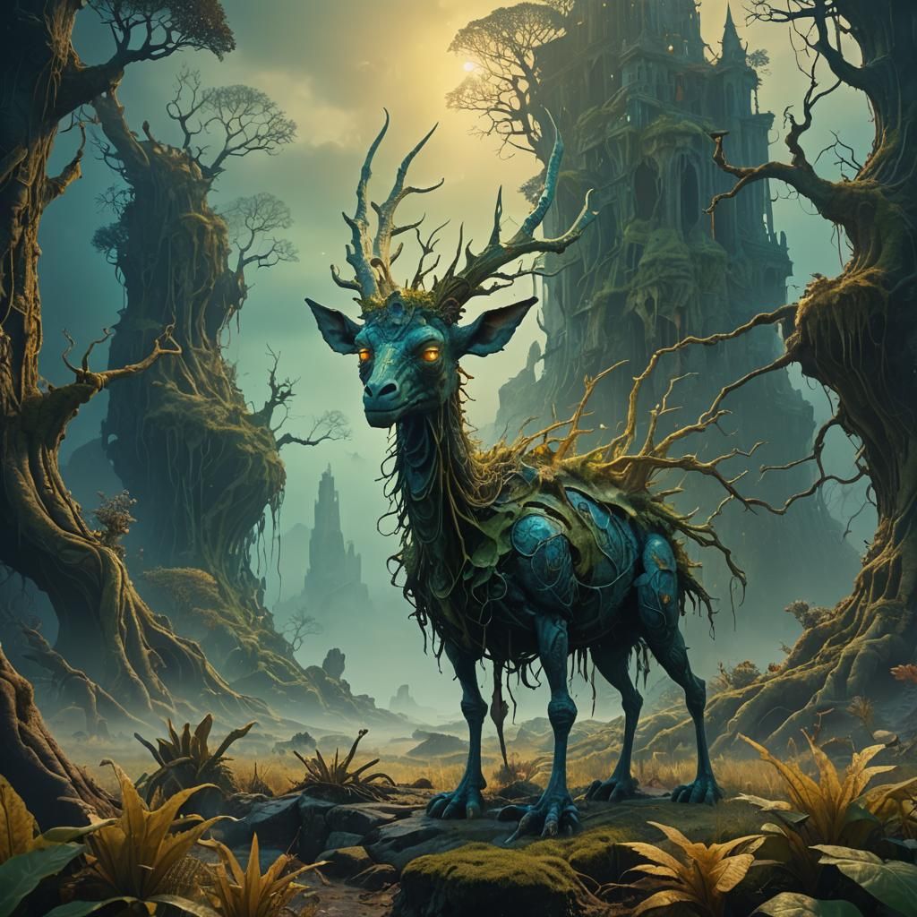 Mystical Creature in Decaying Fantasy Landscape