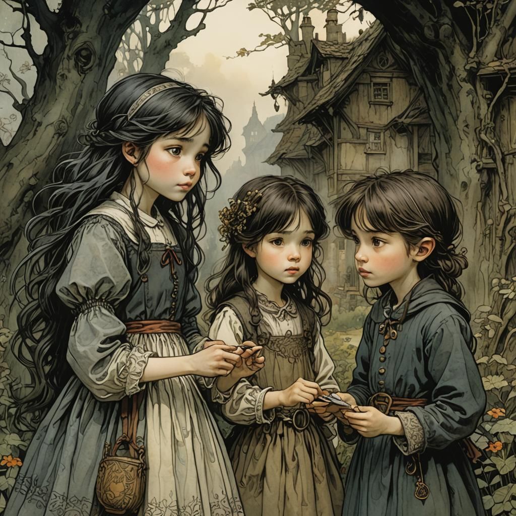 Curious Sister Eavesdropping, Illustrated Fairytale Scene