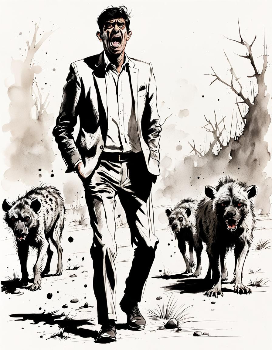 Threatened Sunak: A Ralph Steadman-esque Ink Illustration