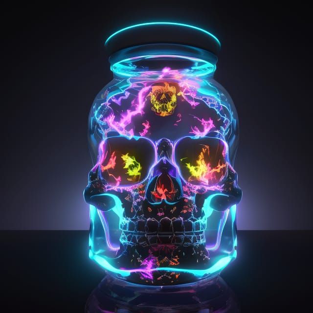 Neon Skull in Glass Jar, Cosmic Concept Art