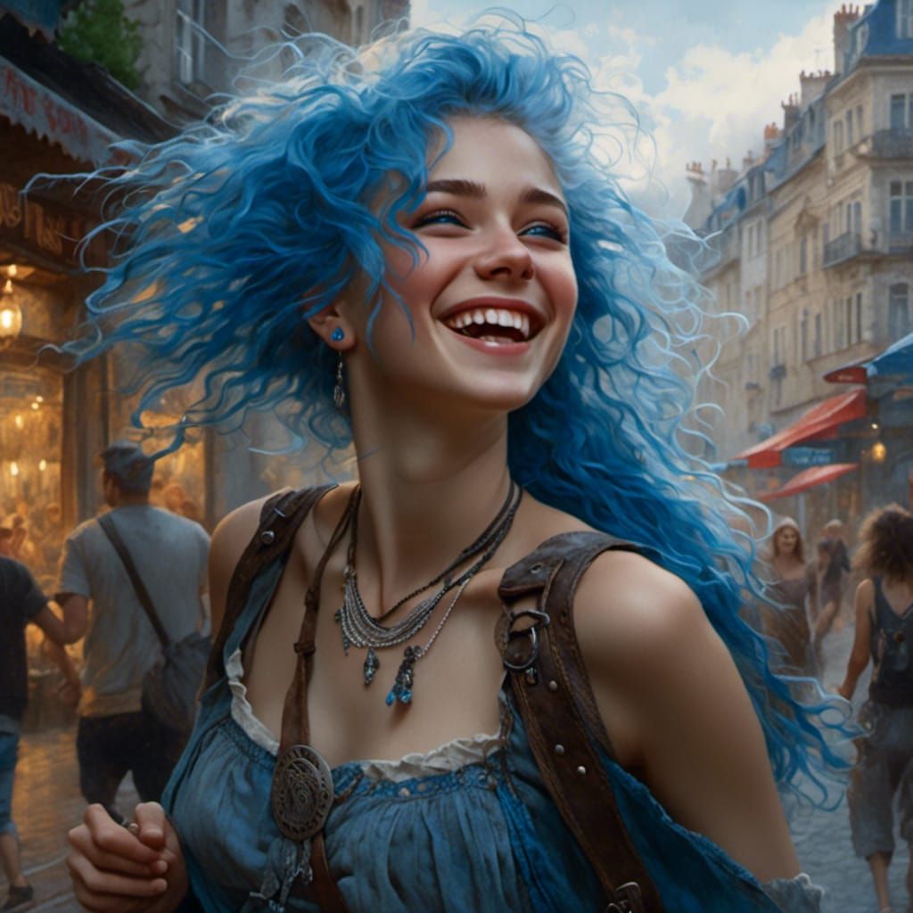 Happy Blue-Haired Teen Dancing: Hyperrealistic Illustration