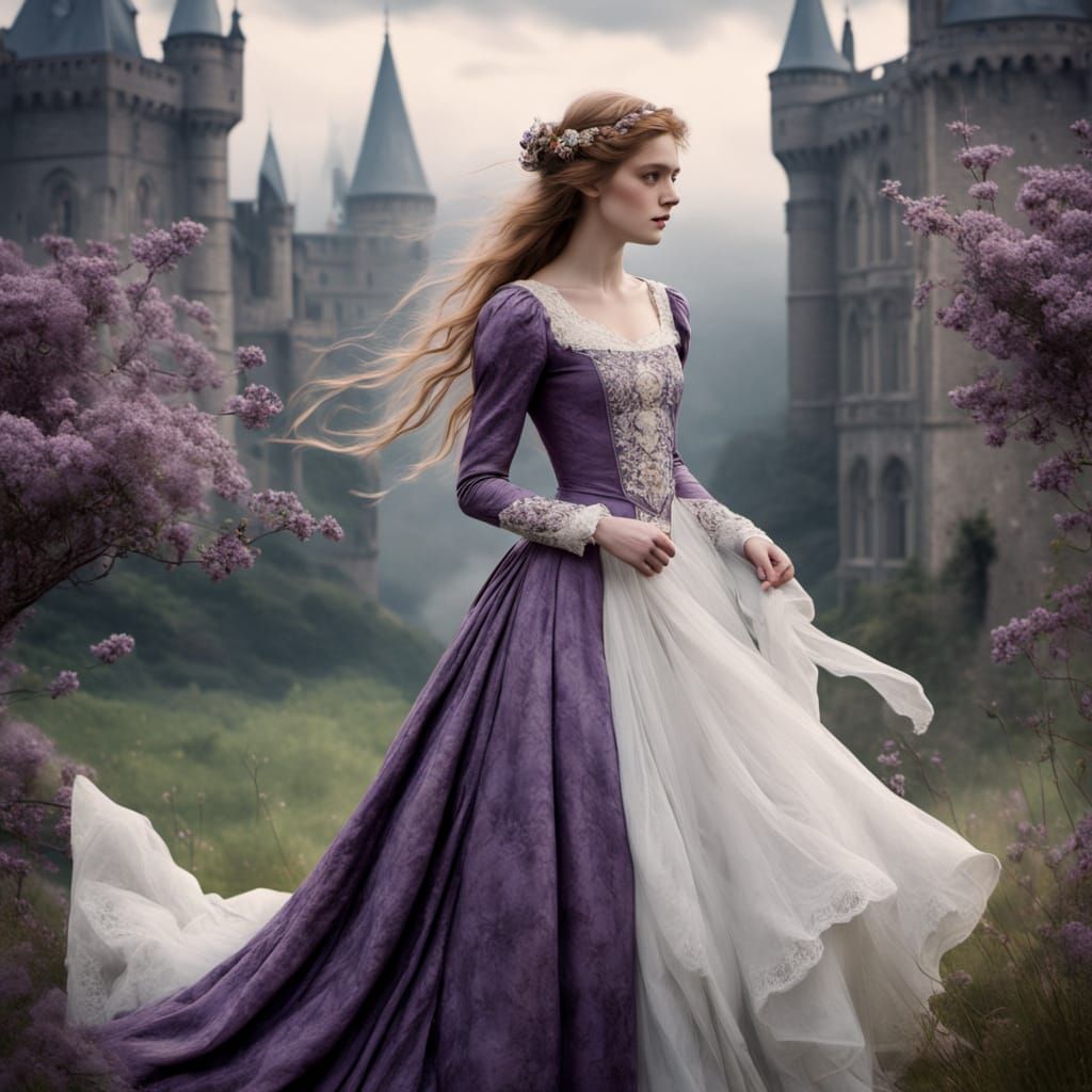 Majestic Princess in Lavish Purple Gown, Riding Regal White ...