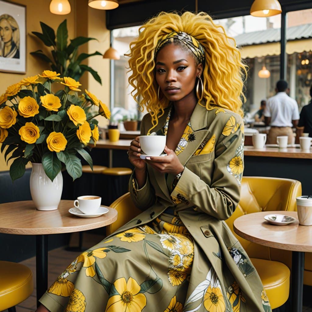 African Goddess Sips Coffee in Vibrant Khaki Yellow Cafe