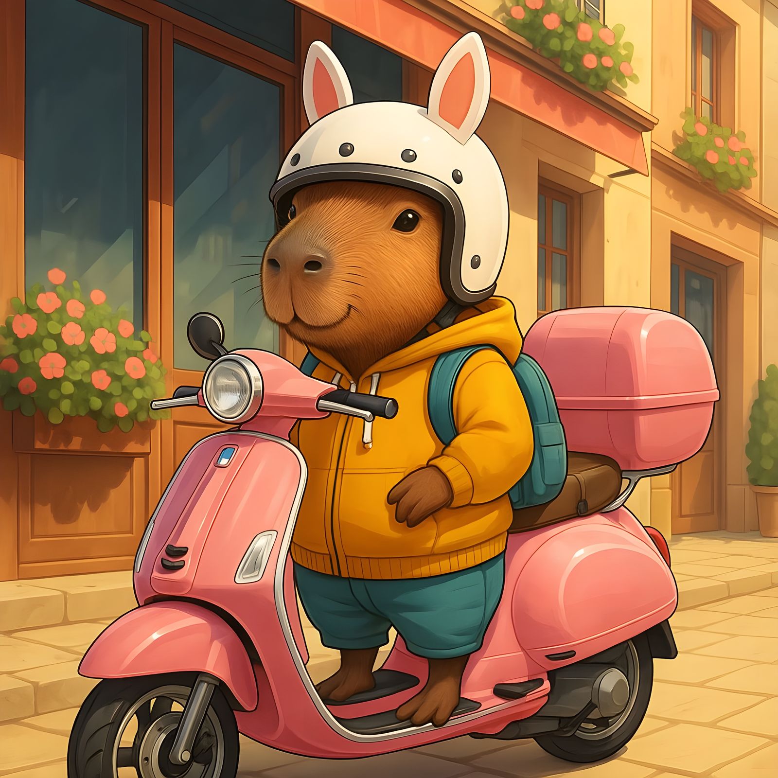 Capybara on Scooter in Sunny Street Scene