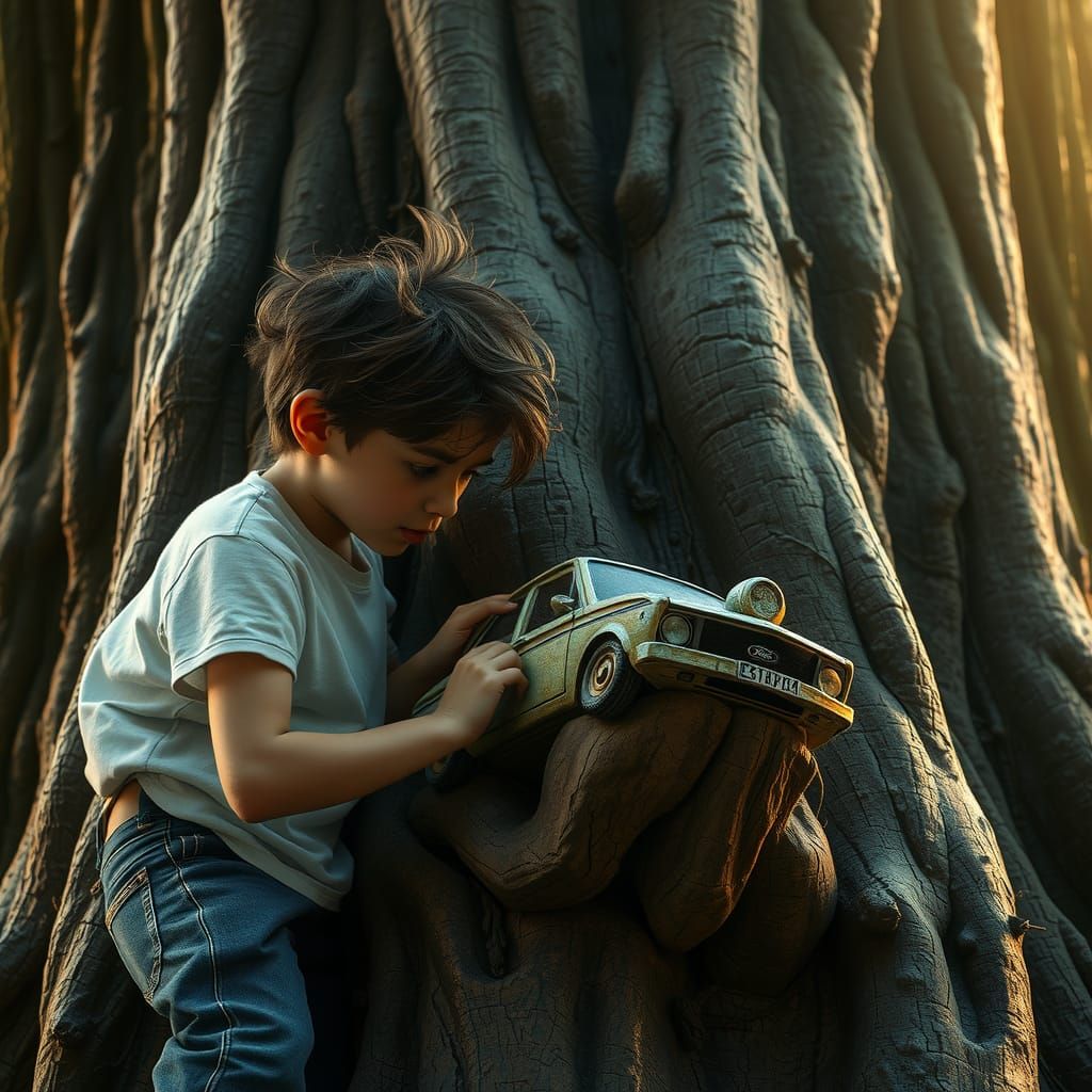 Boy Carves Ford Car into Ancient Tree