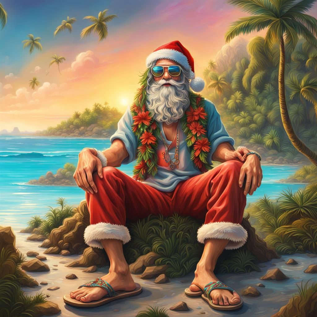 Hyperrealistic Hippie Santa Claus on Tropical Island