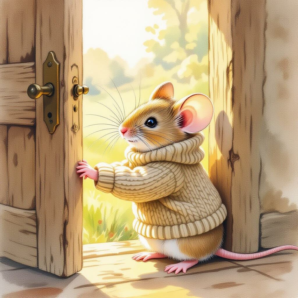 Mouse Peeks into Sunlight: Watercolor Illustration