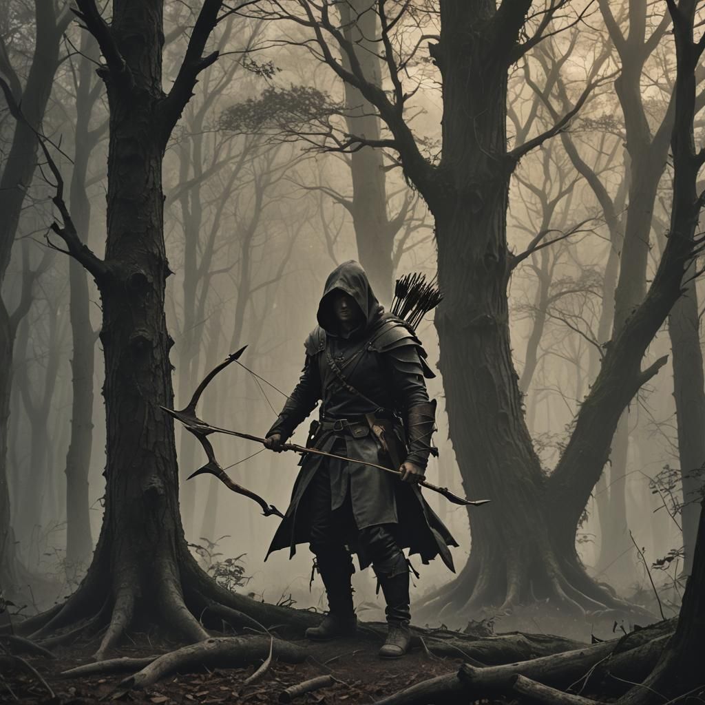Hunter in Dark Forest with Lantern