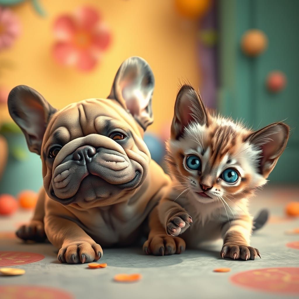 Playful French Bulldog and Siamese Kitten in Whimsical Anime...