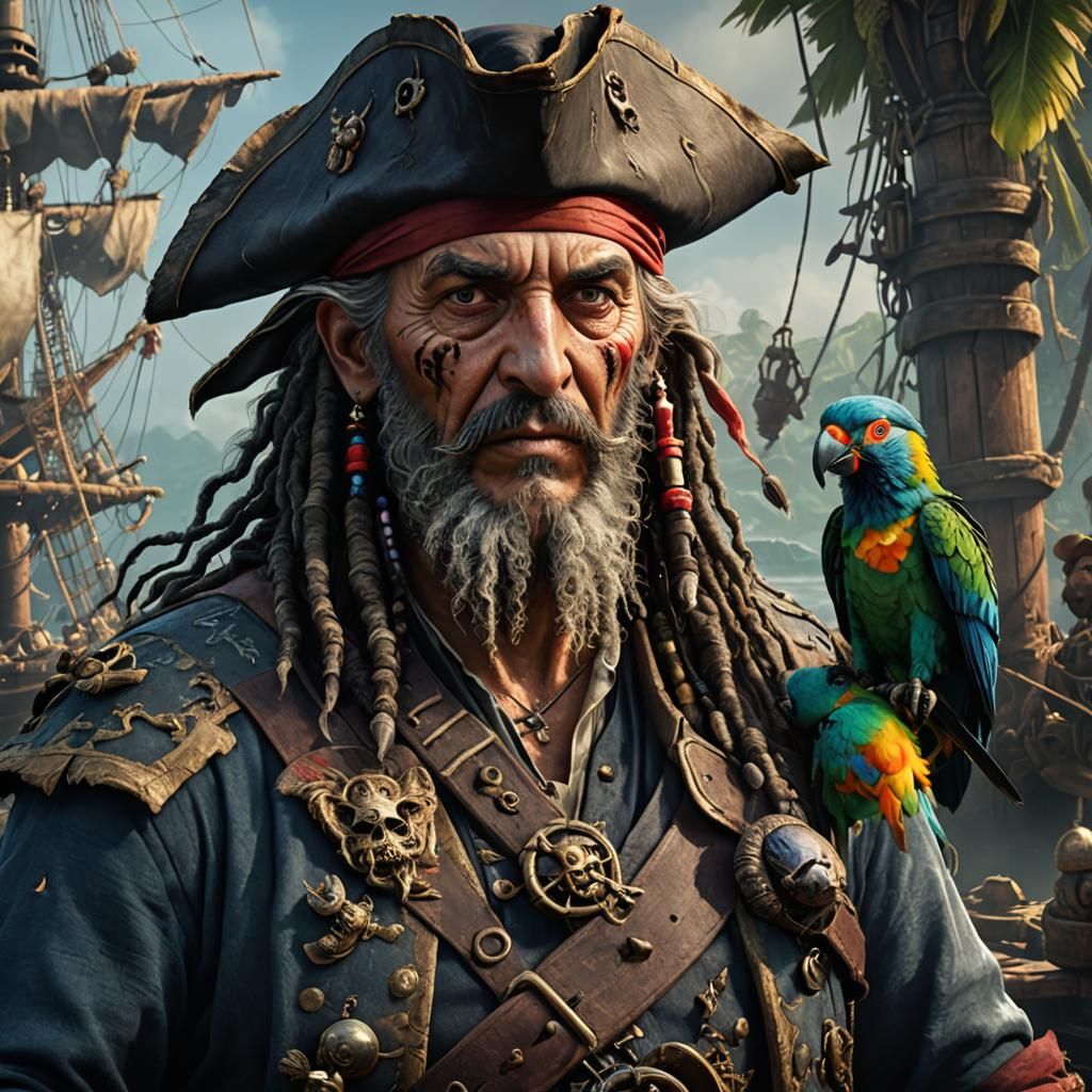Old Pirate with Parrot: Detailed Matte Painting