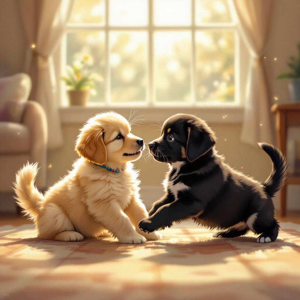 Fluffy Puppies Play in Cozy Living Room