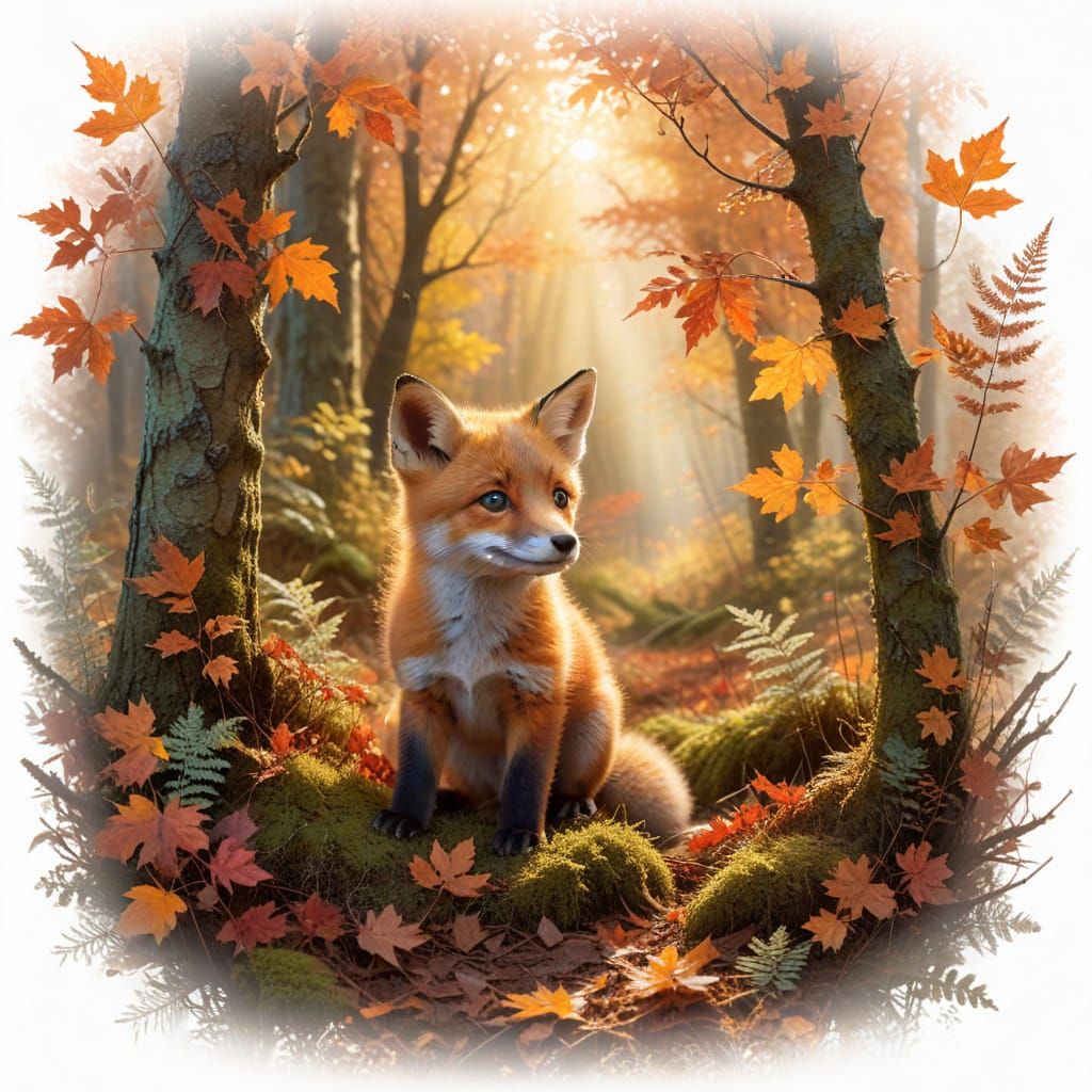 Fox Cub in Autumn Maple Grove