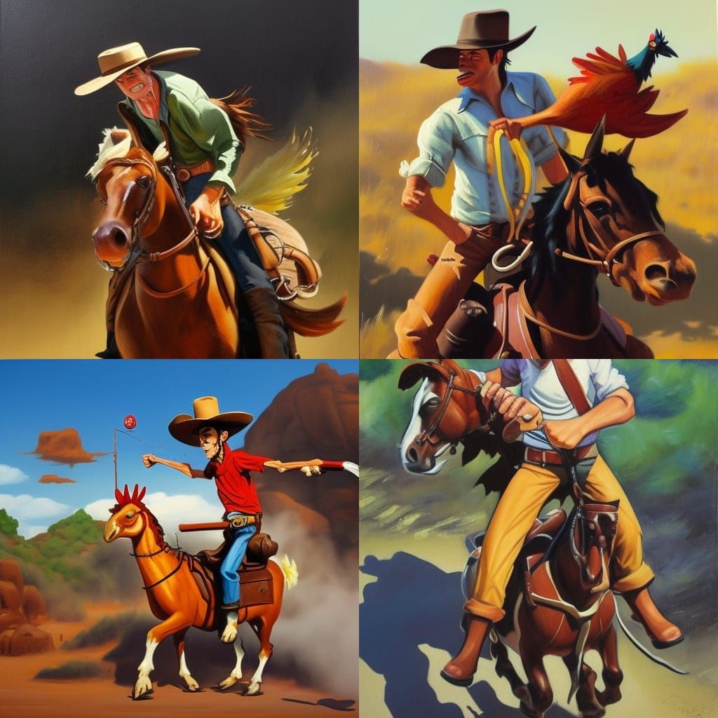 Lucky Luke Rides a Chicken: Oil Painting