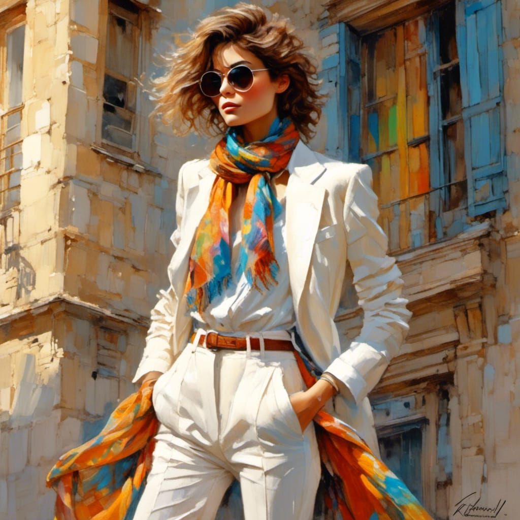 Chic 1980s Woman in Linen Suit and Silk Scarf