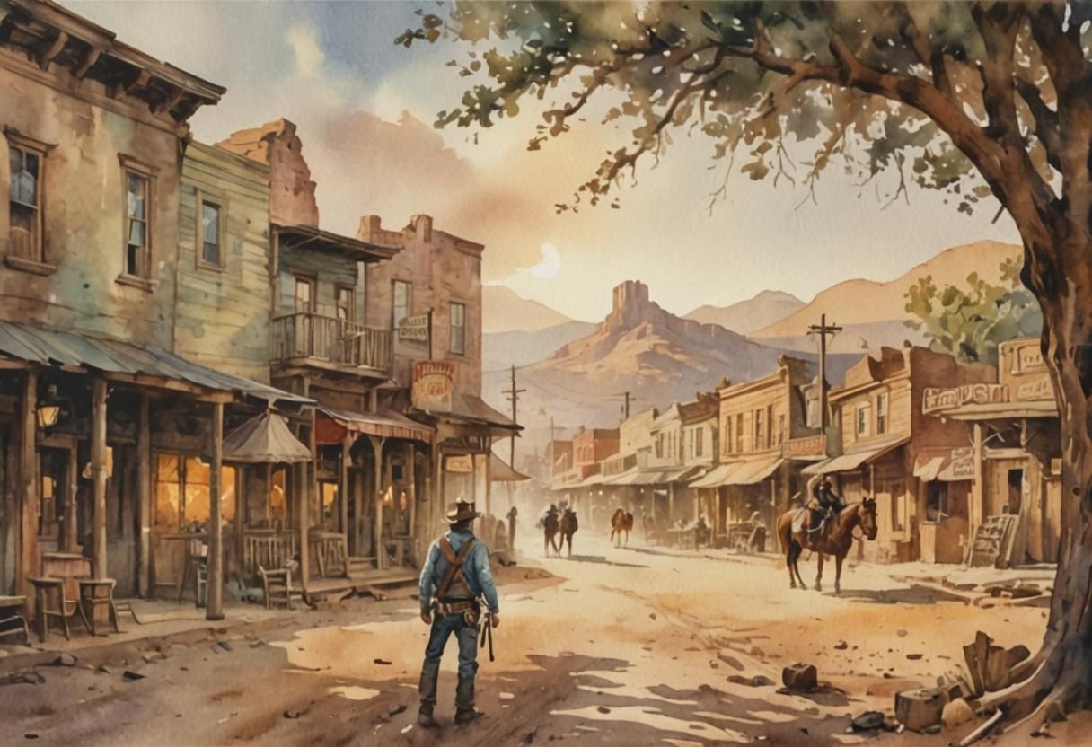 Wild West Village in Watercolor Comic Style