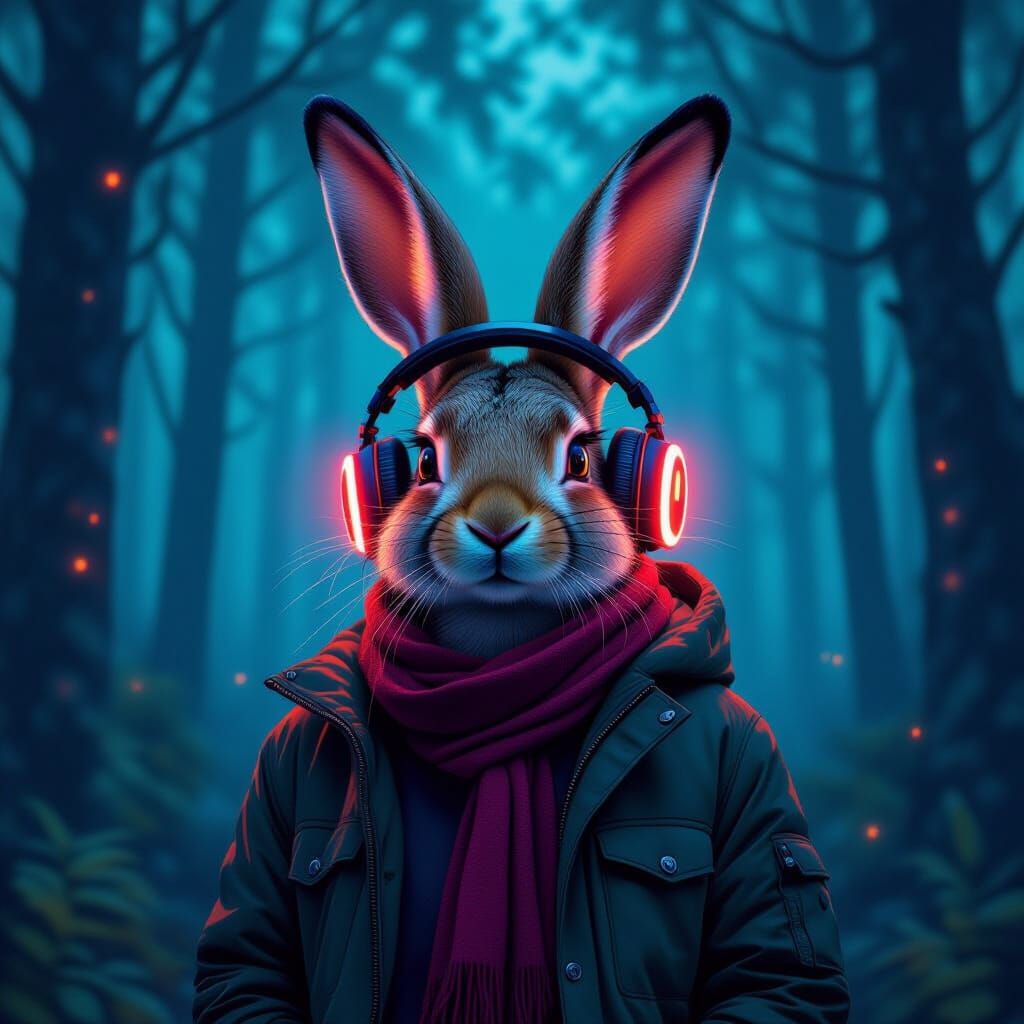 Hare with Neon Lights in Mystical Forest