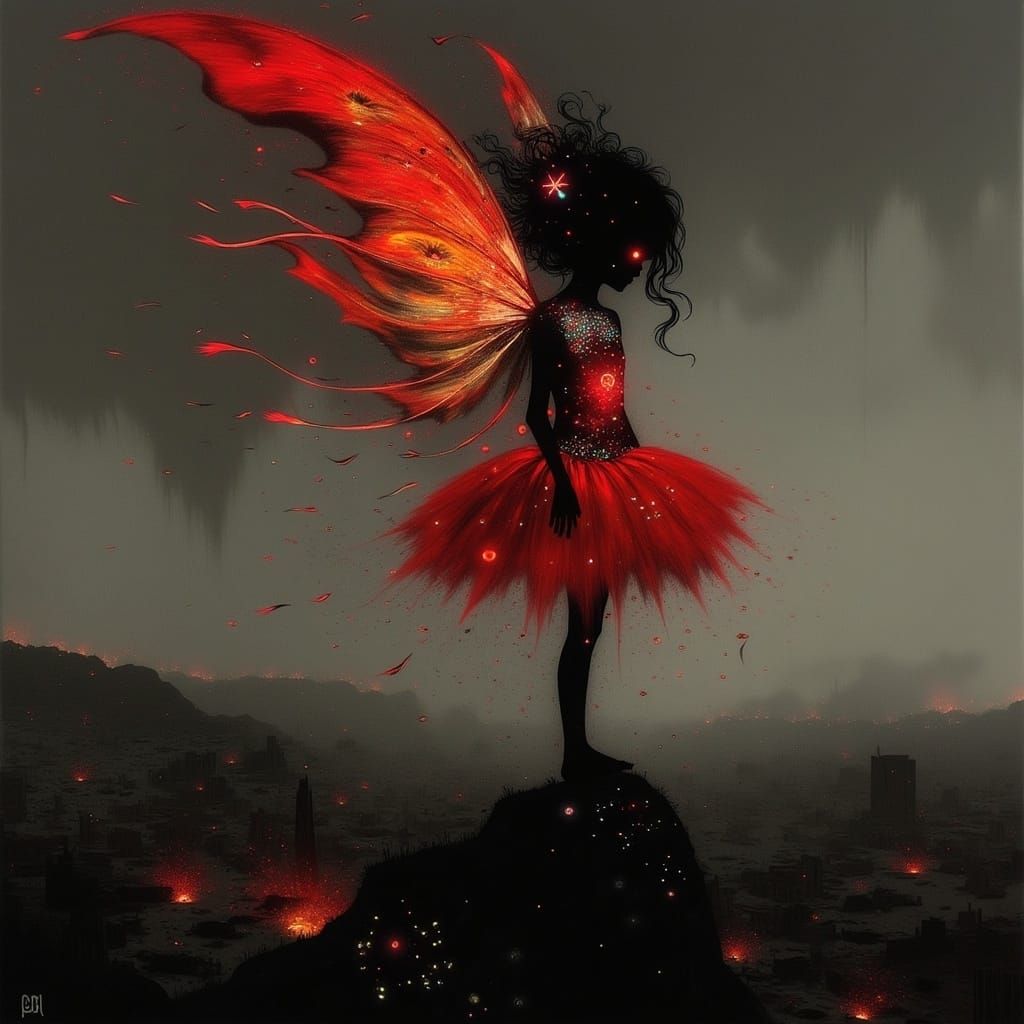 Mystical Fire Sprite in Crimson Tutu, Amidst Twisted Soot an...