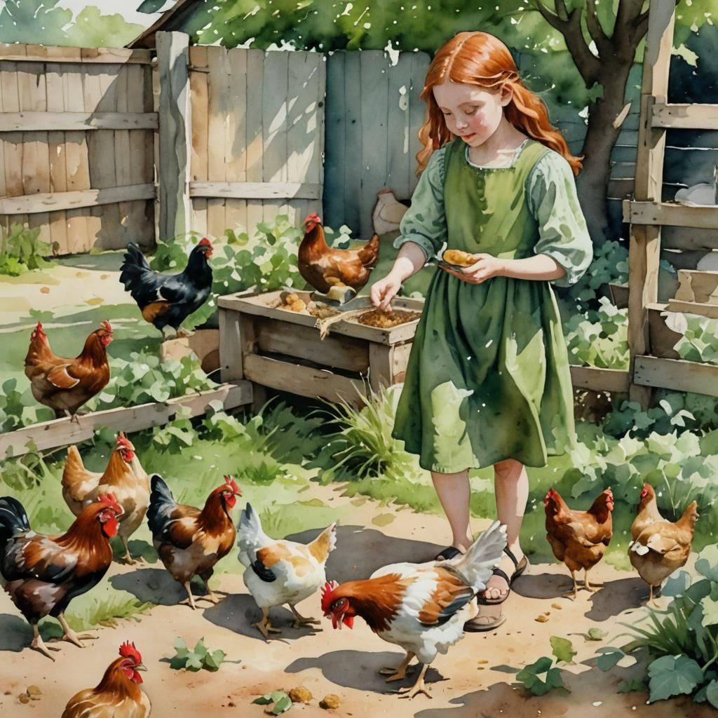 Girl Feeding Chickens in Watercolor Style