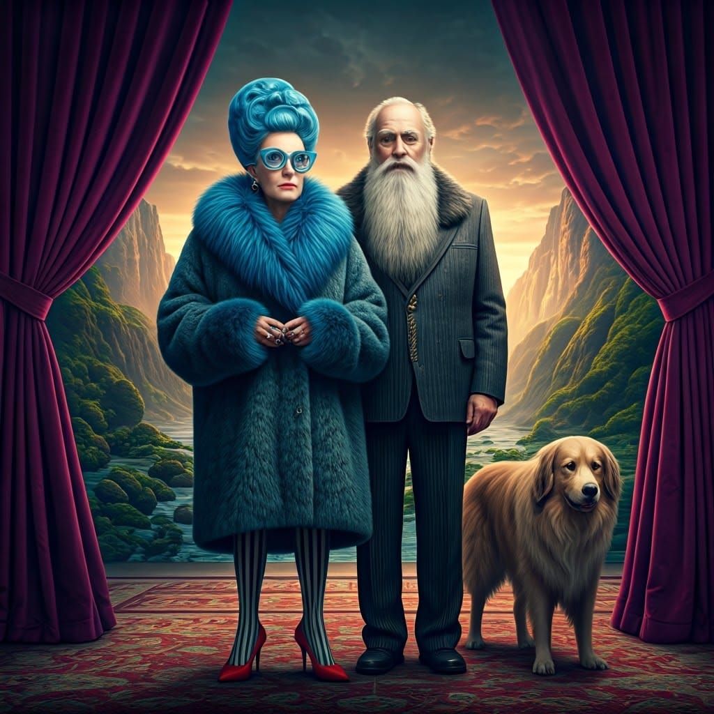 Stylish Elderly Couple in Surreal Landscape, Cinematic Still