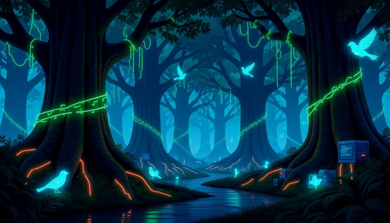 Ancient Forest with Fiber-Optic Roots and Neon Leaves