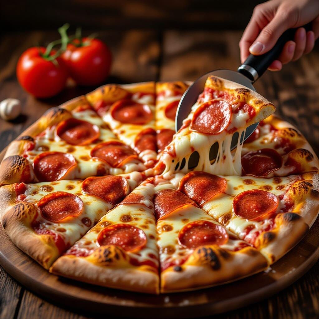 Glistening Pepperoni Pizza Cut on Rustic Table