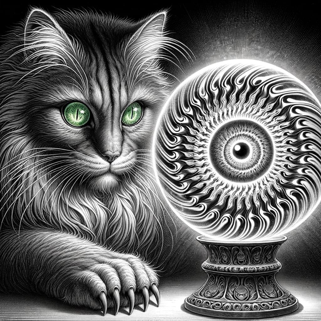 Anthropomorphic Cat in Surrealist Pencil Sketch with Optical...