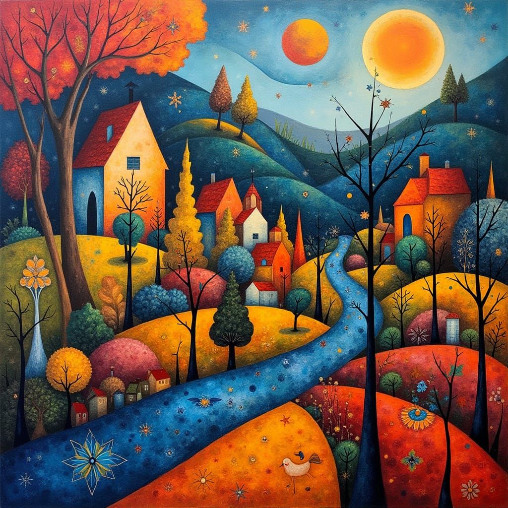 Abstract Village Landscape in Art Brut Style