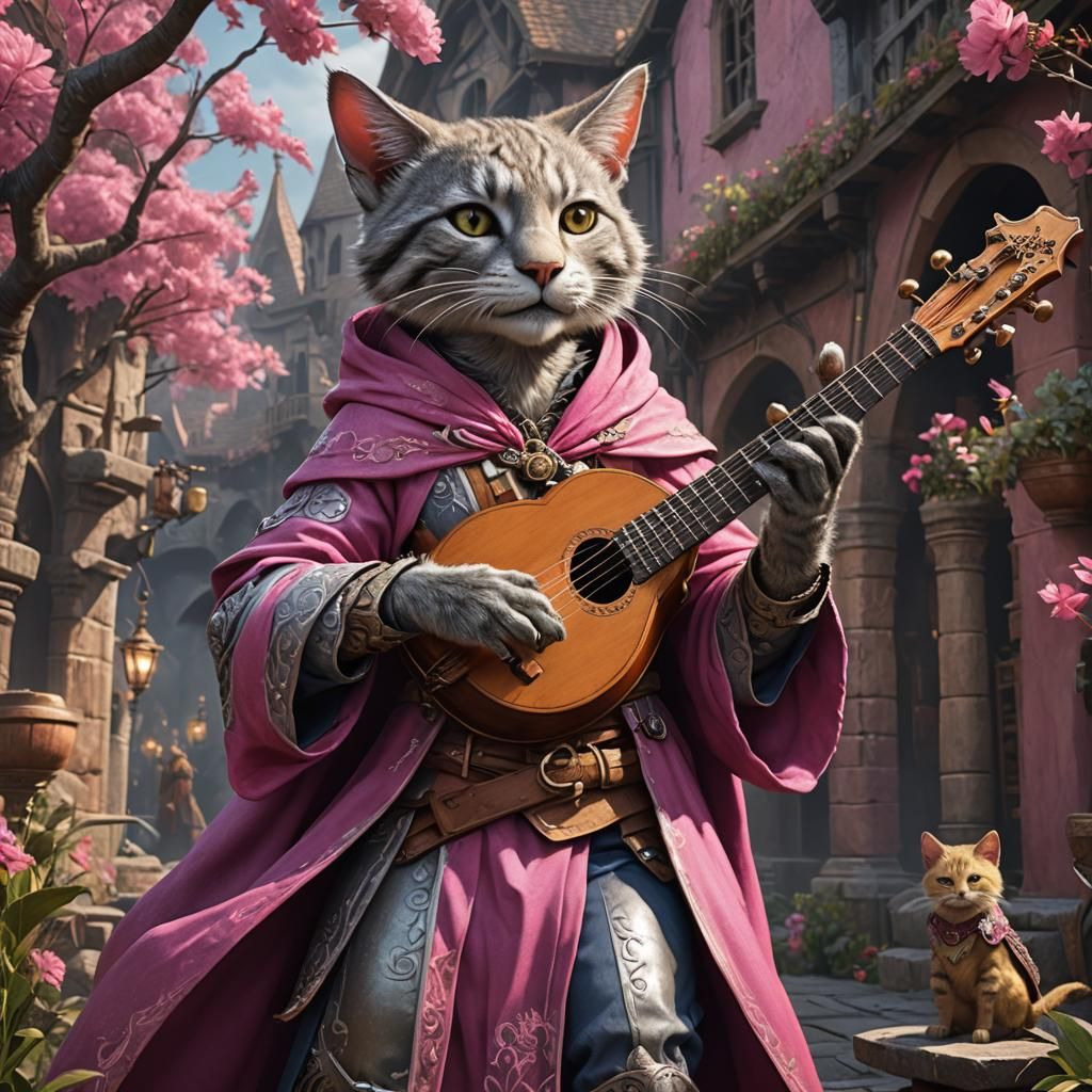 Silver Tabaxi Bard with Lute and Pink Cloak