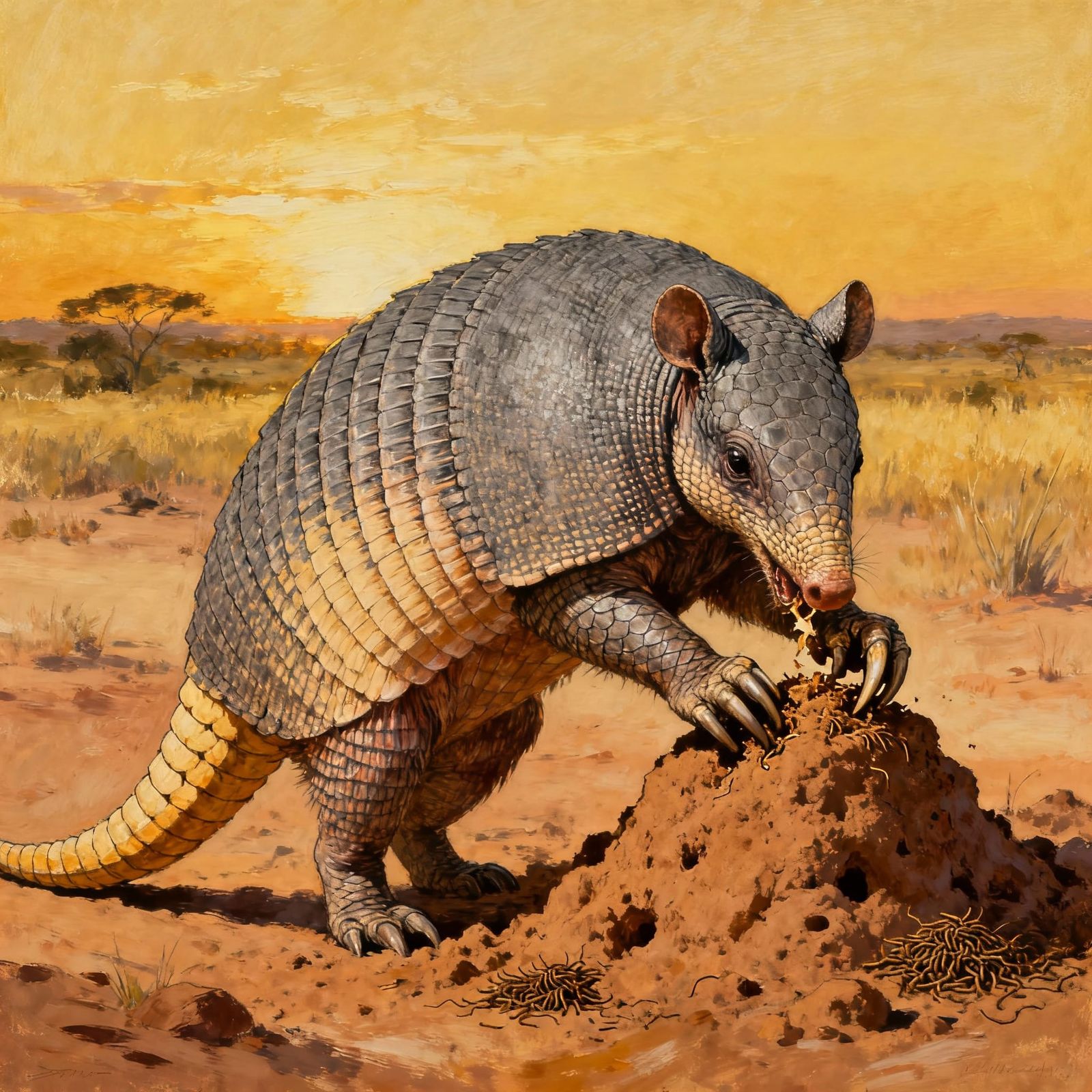 Giant Armadillo Resembles Dinosaur, Ripping Termite Mound