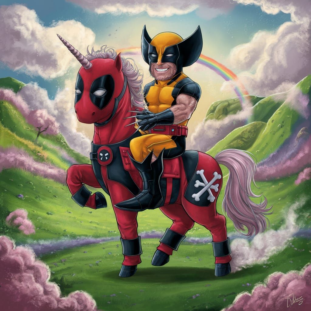 Wolverine Rides Deadpool Unicorn in Mythical Land