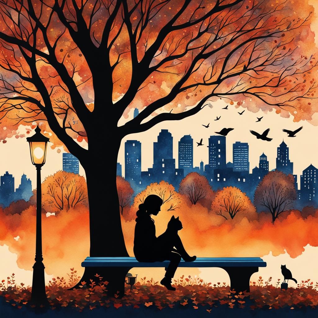 Woman Reading with Cat in Autumn Park, Watercolor Style