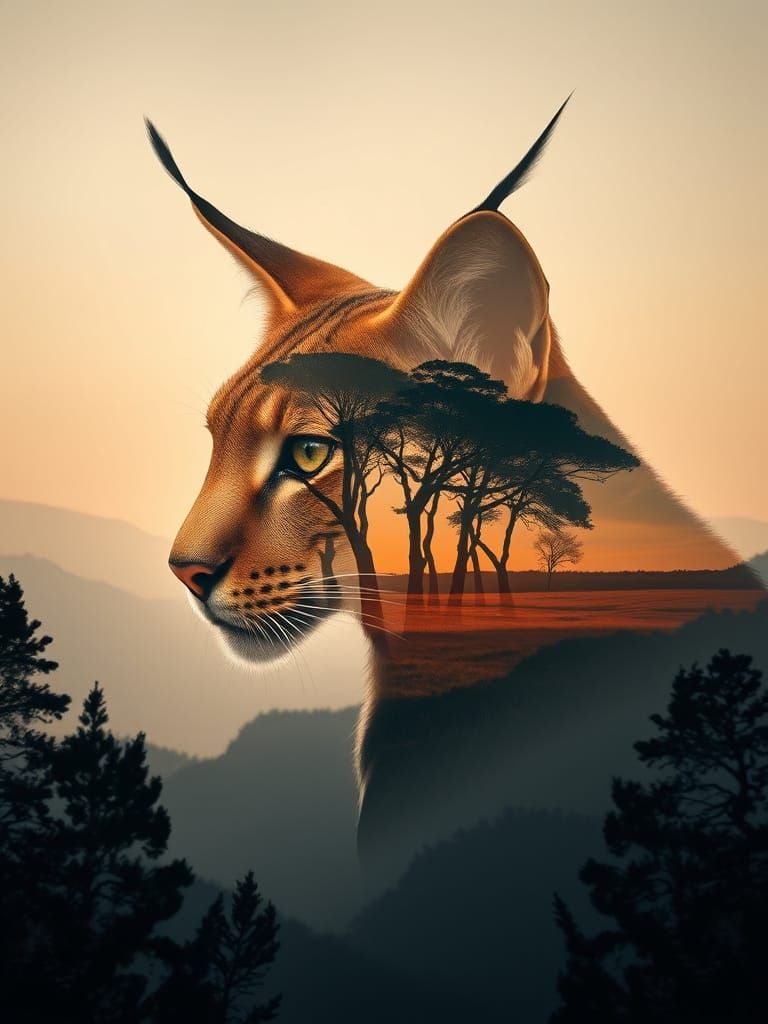 Lynx Silhouette with African Plains Double Exposure
