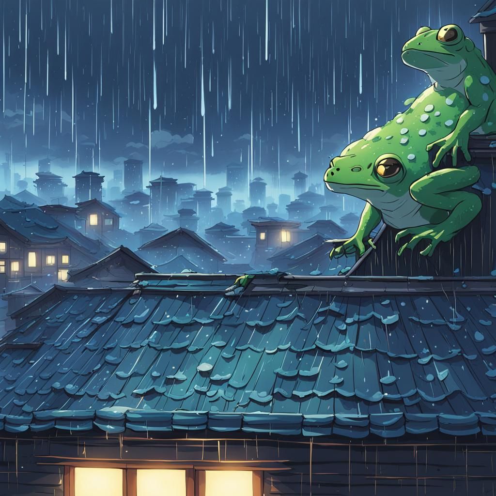 Anime Rain Scene with Singing Frogs
