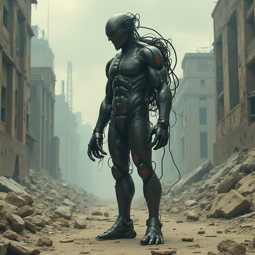 Cyborg Tetsuo in Dark, Futuristic Landscape