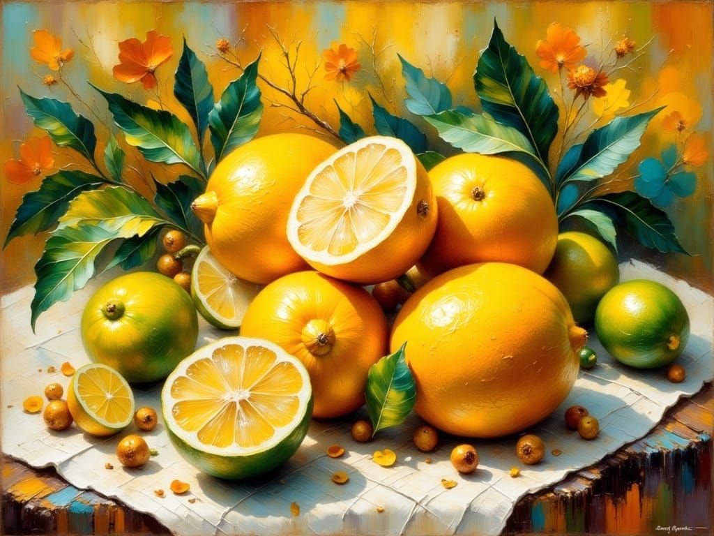 Impressionist Still Life of Yellow Lemons and Limes