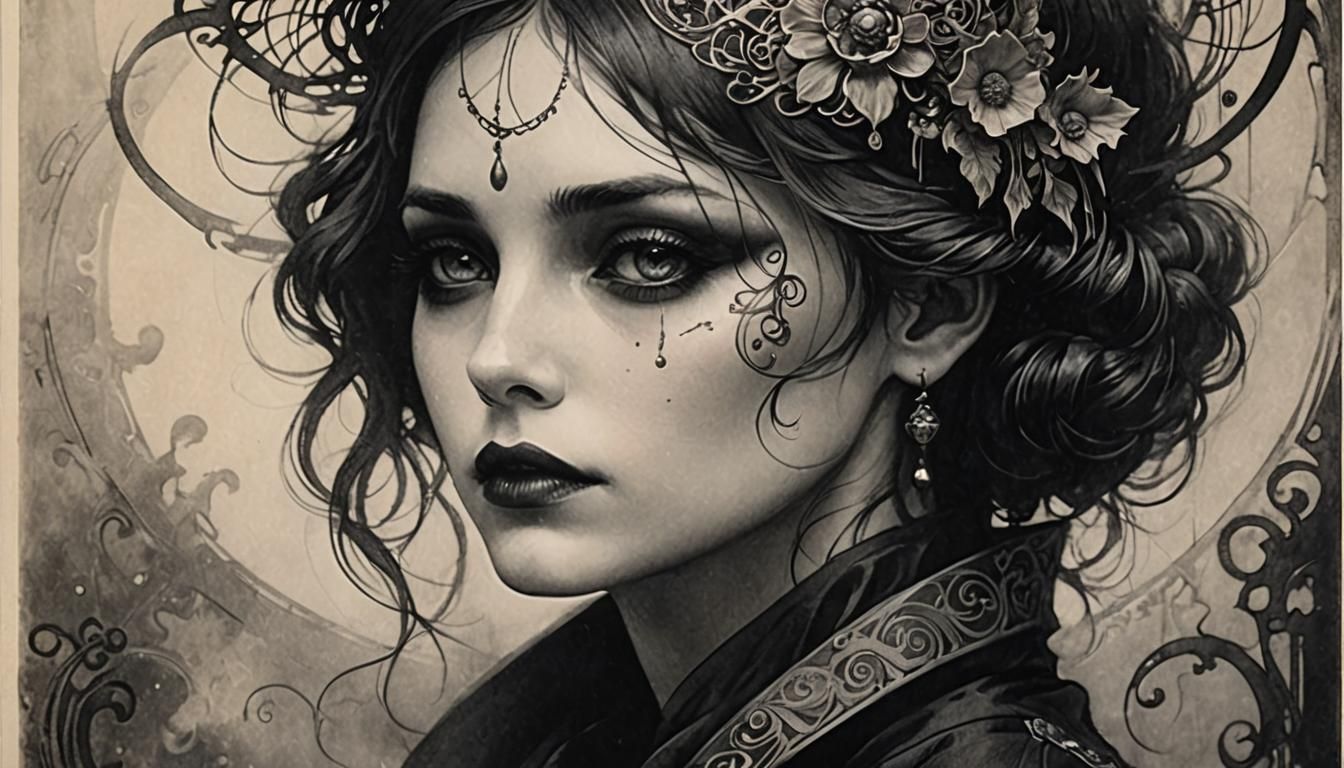 Gothic 1920s Lady Portrait in Charcoal Style