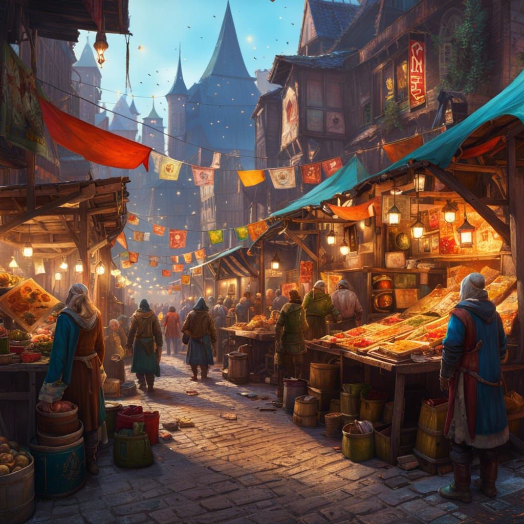 Lively Medieval Marketplace under Starry Night