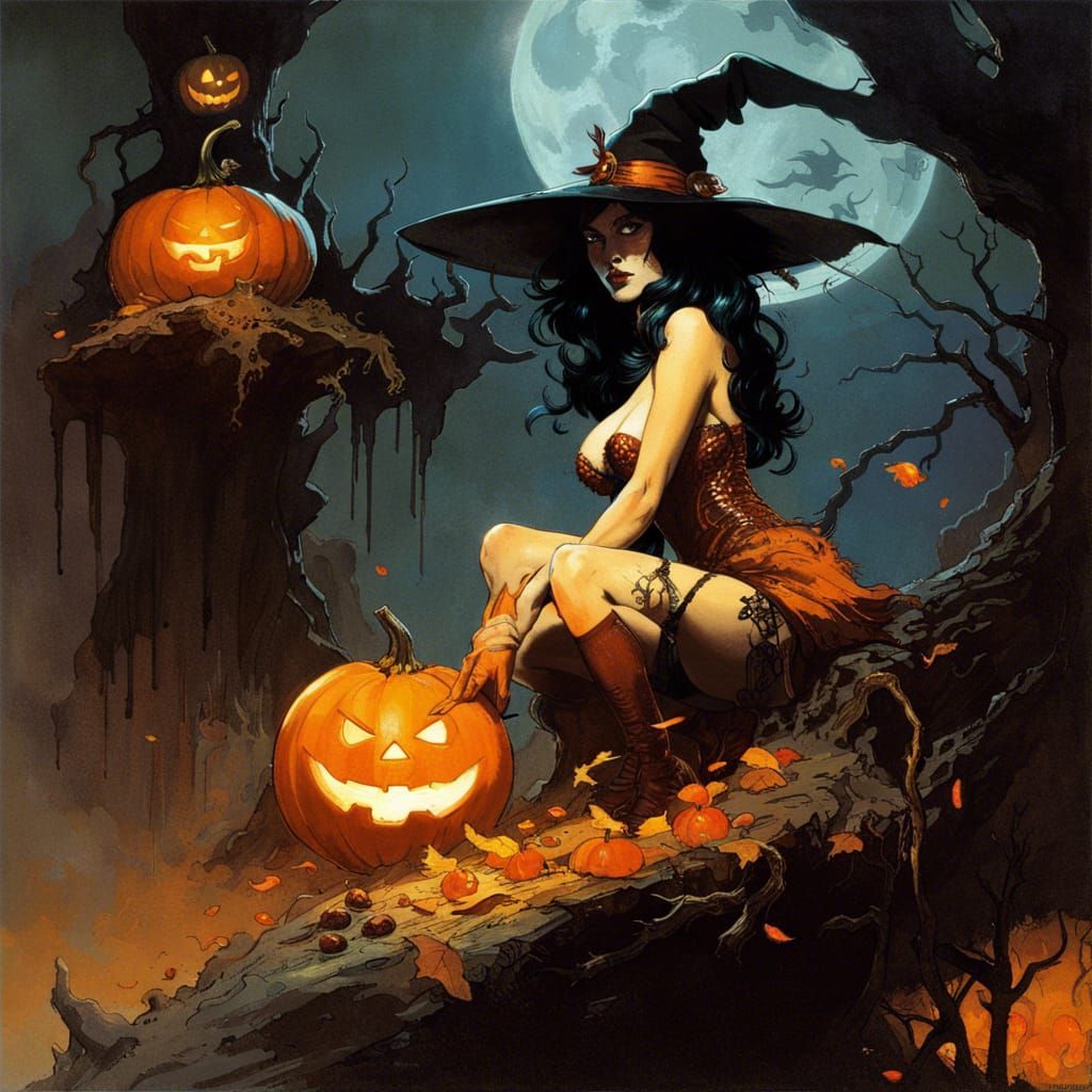 Alluring Pin-Up Witch with Pumpkin, Detailed Art