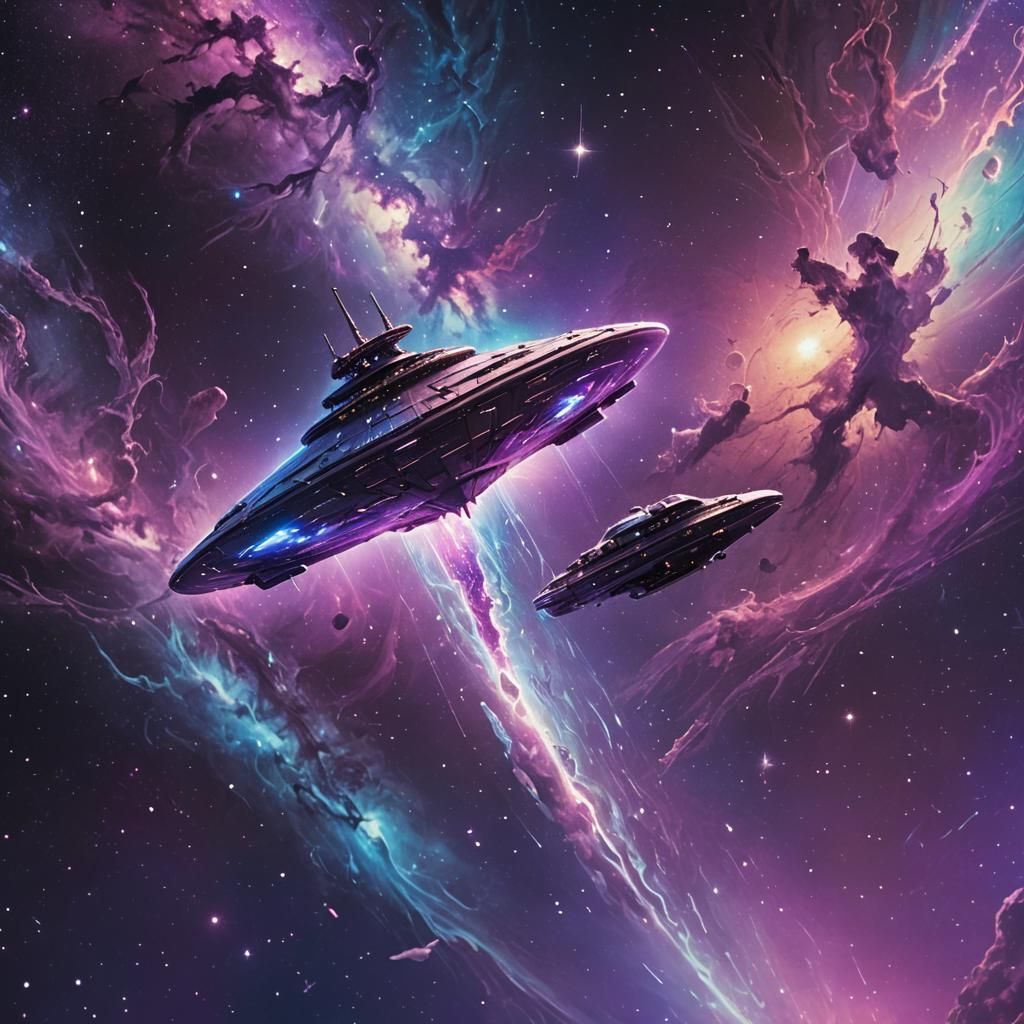 Lone Spaceship Drifting Through Neon Lit Space