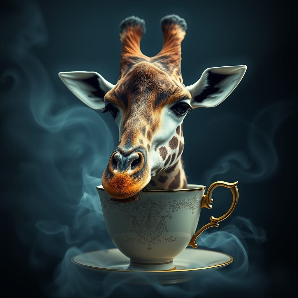 Majestic Giraffe in Antique Teacup, Whimsical Dreamlike Scen...
