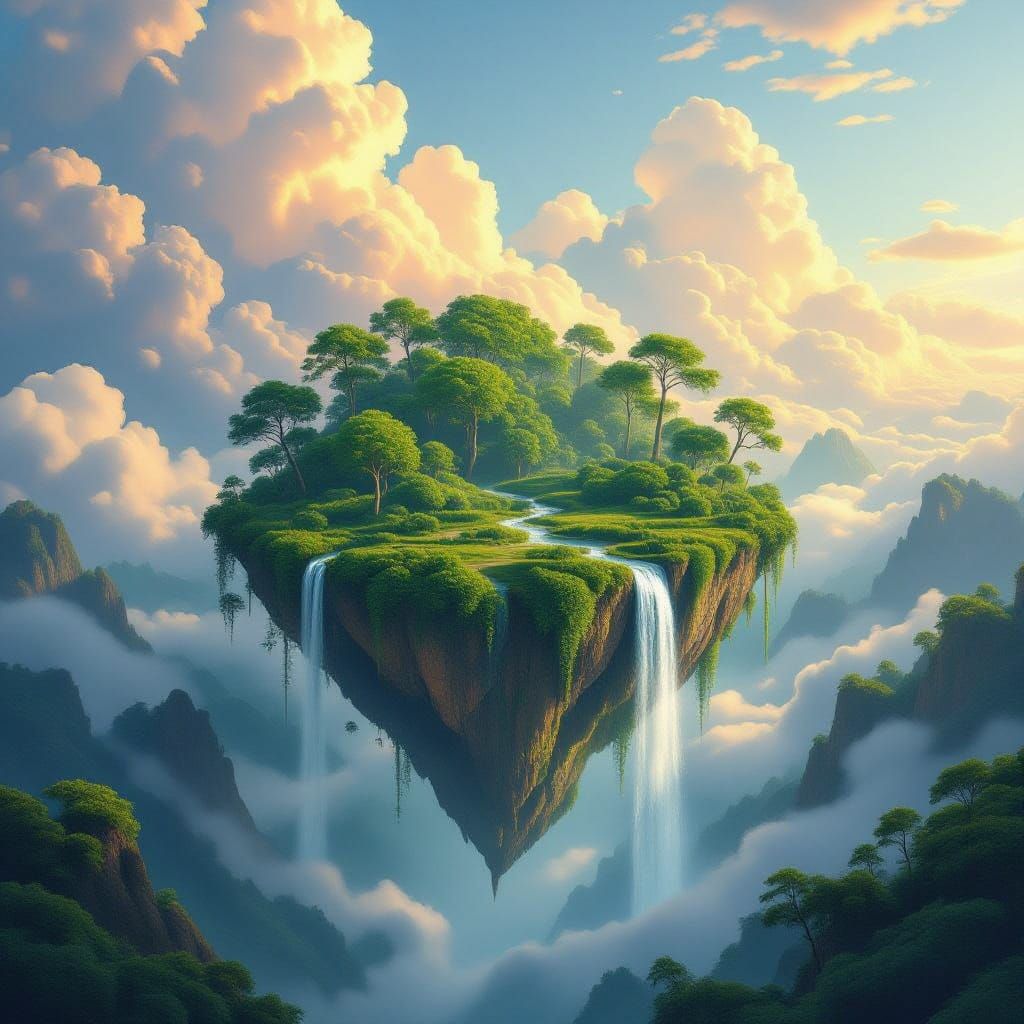 Realistic Floating Island with Cascading Rivers and Lush For...