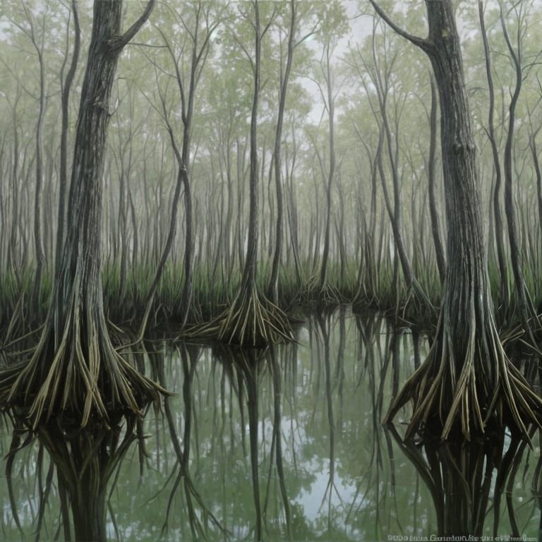 Detailed Oil Painting of a Cypress Swamp