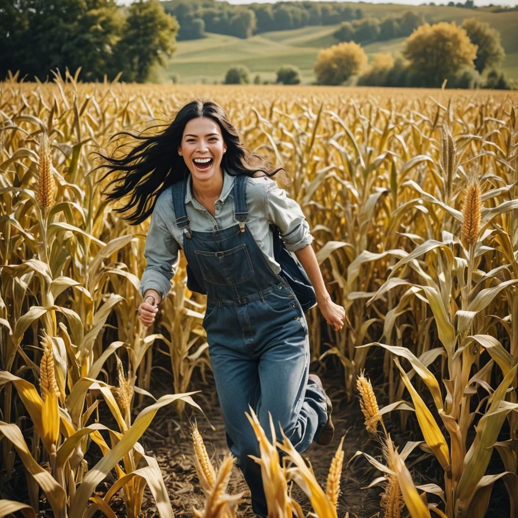 Girl Runs Free in Cornfield: Cinematic Film Still