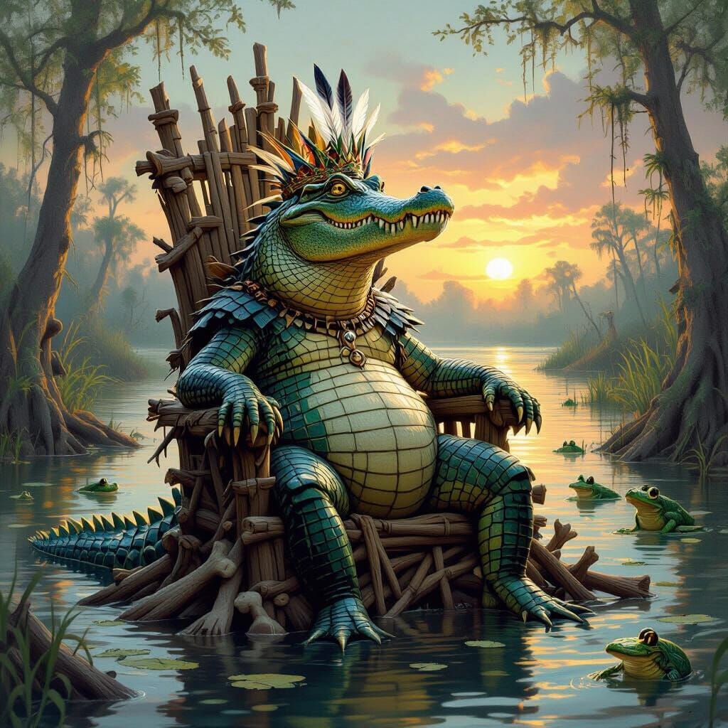 Alligator King on Throne in Painterly Style