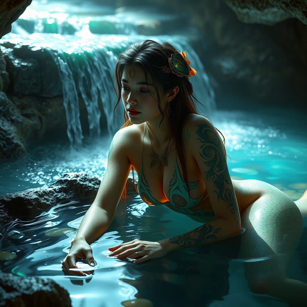 Water Nymph with Jade Skin in Art Nouveau Style