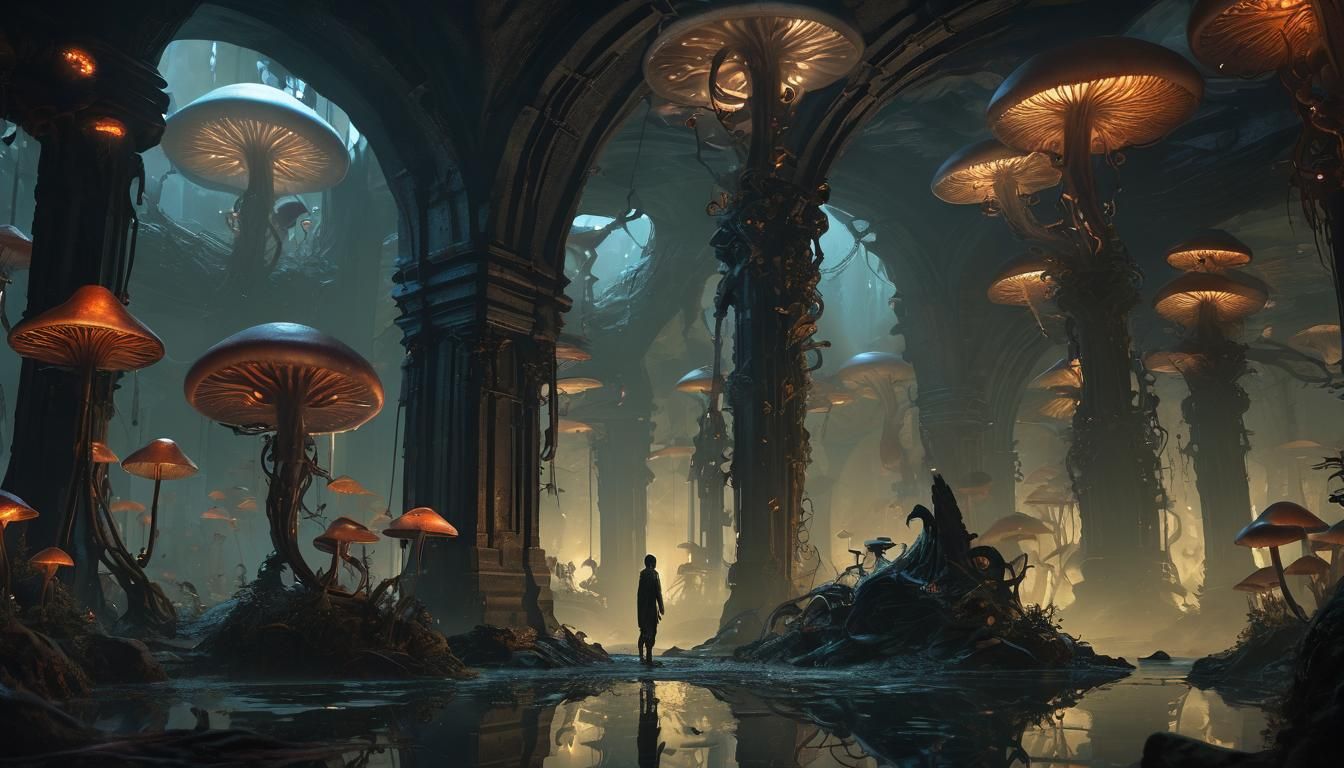 Alien in Gothic Chamber with Bioluminescent Mushrooms