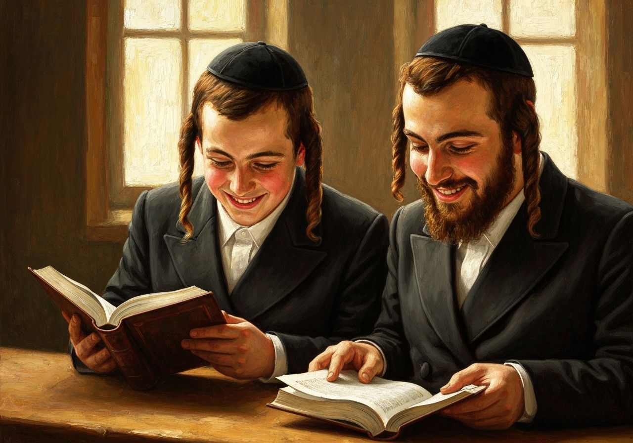 Hasidic Students Study Books in Oil Painting Style
