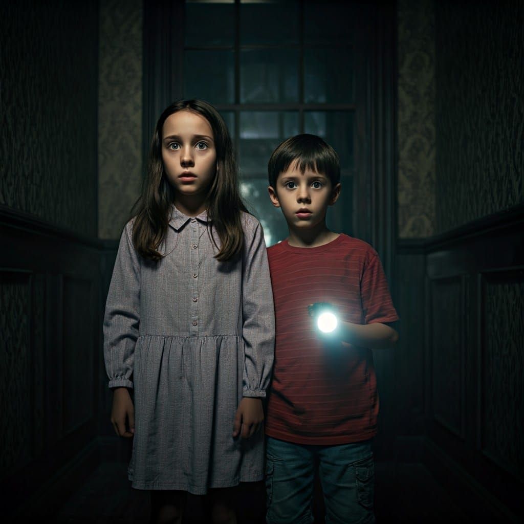 Scared Children Explore Haunted House in Cinematic Style