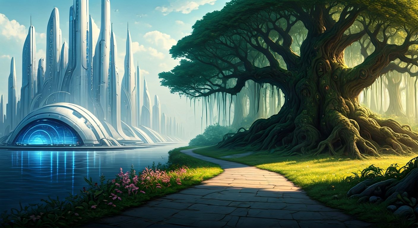 Futuristic City Meets Magical Forest, Syd Mead Style
