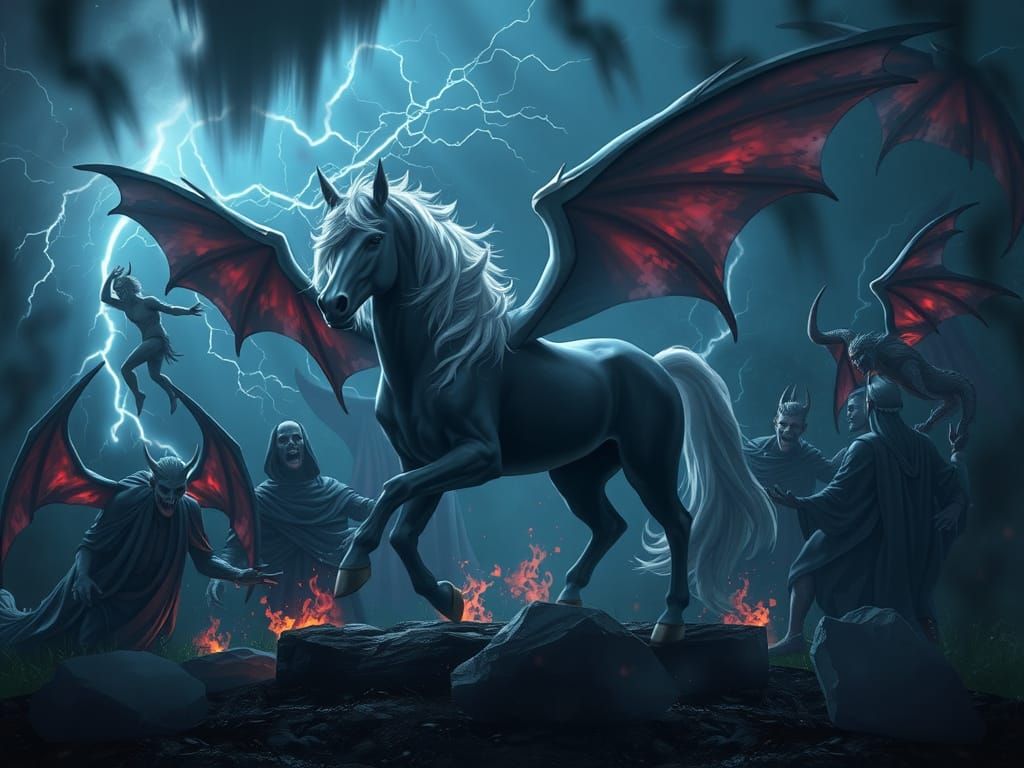 Dark Unicorn Surrounded by Spirits in Thunderstorm